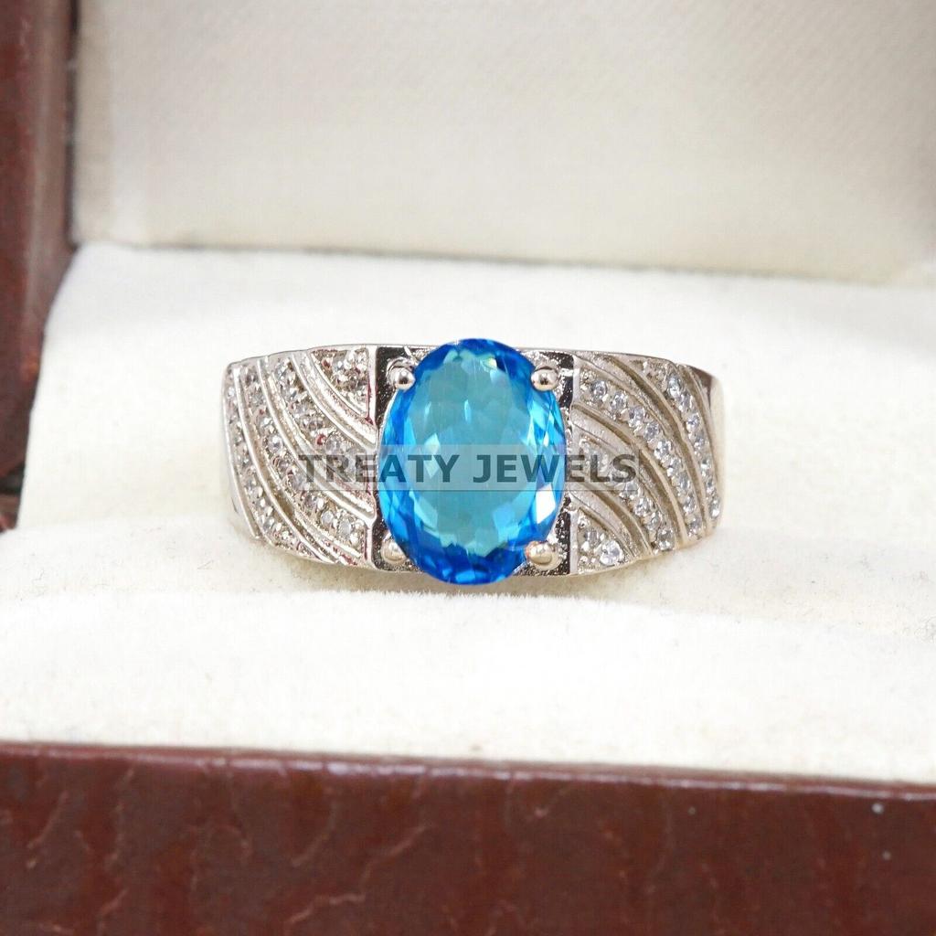 Blue Topaz Oval Cut Gemstone With 925 Sterling Silver Ring For Men's #A904 JL375669070751