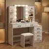 Vanity Table with Illuminated Mirror and Padded Stool, Vanity Set with 6 Drawers and Shelves, White