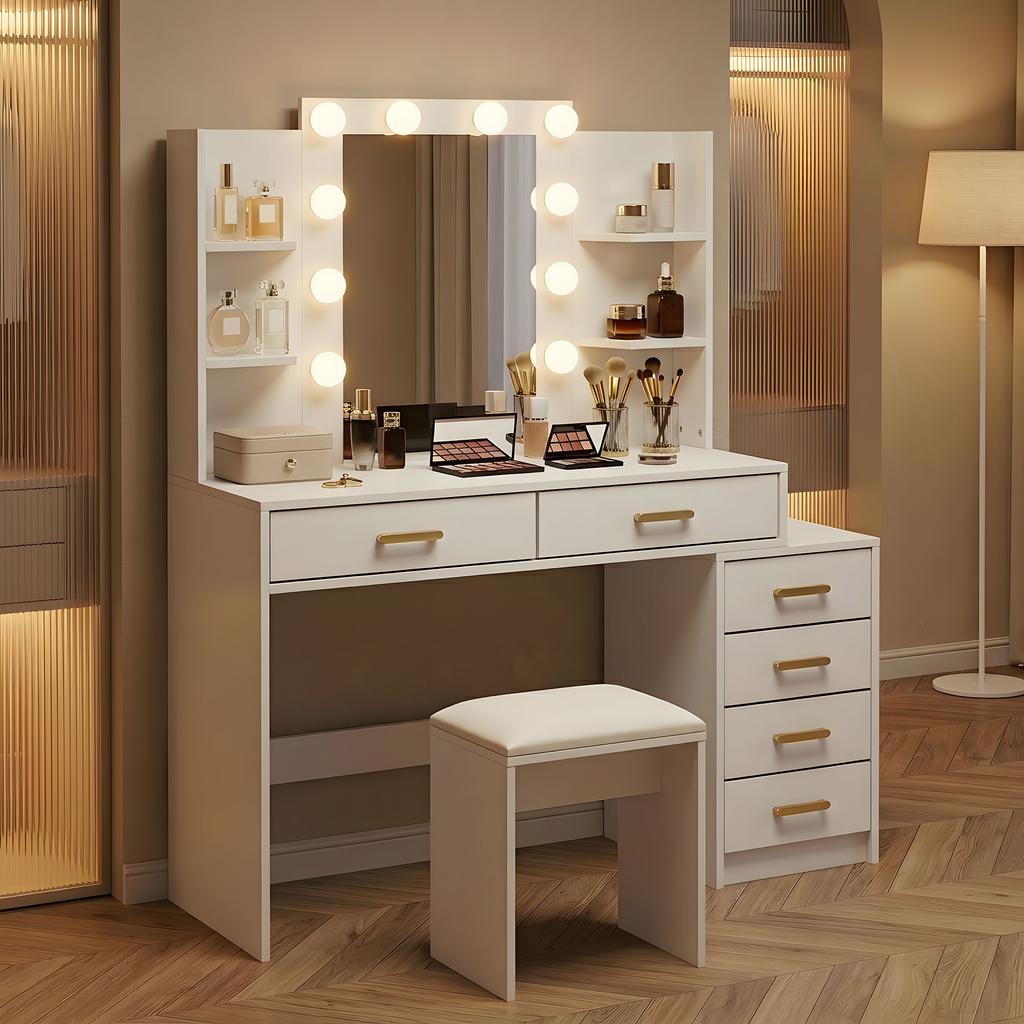 Vanity Table with Illuminated Mirror and Padded Stool, Vanity Set with 6 Drawers and Shelves, White