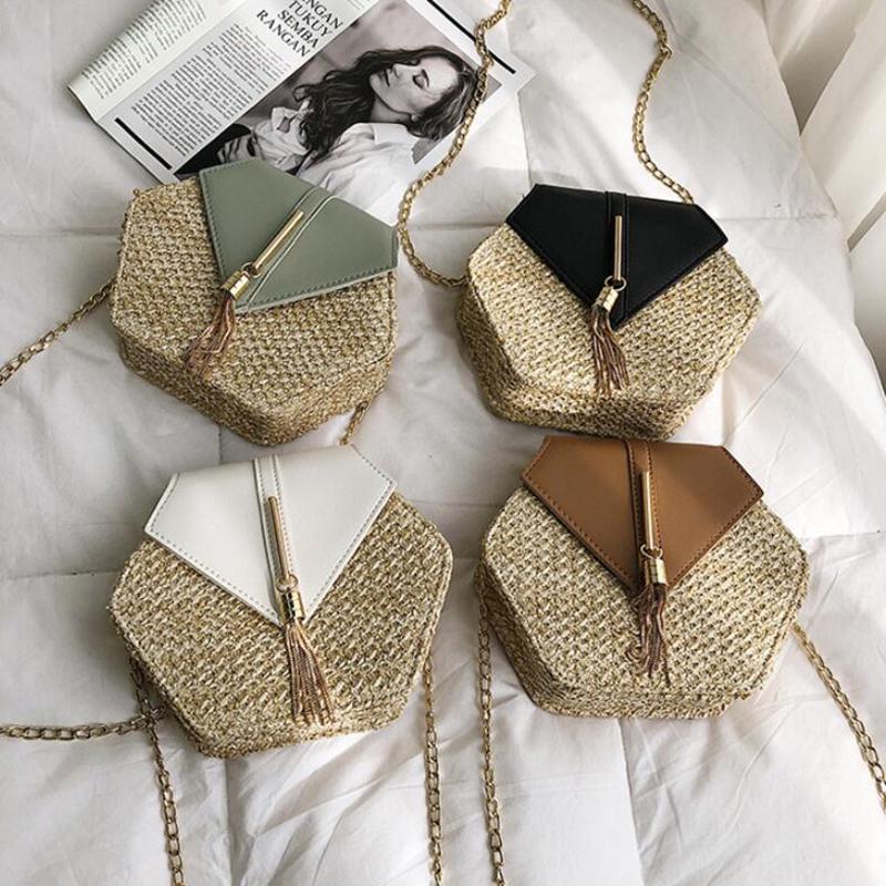 Yogodlns Bolsa de palha para mulheres, nova moda, bolsas de couro pu, verão, praia, rattan