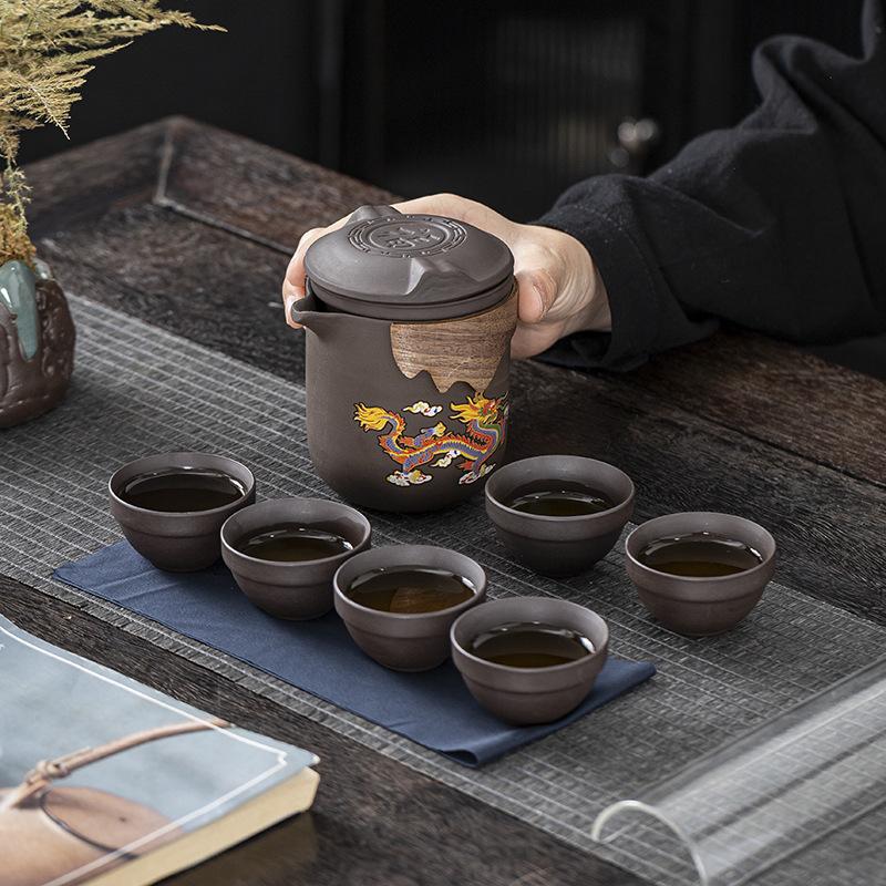 Color-changing purple sand travel tea set portable bag outdoor express cup purple sand ceramic one pot six cups anti-scalding