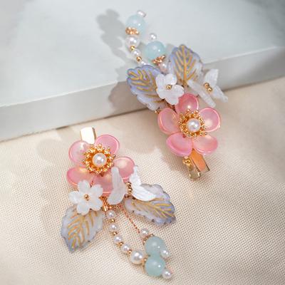 1 Pair Ancient Flowers Hair Pins Pink Resin Flower Hair Clips Crystal Like Blossom Hairpins for Women Girls Hair Accessories