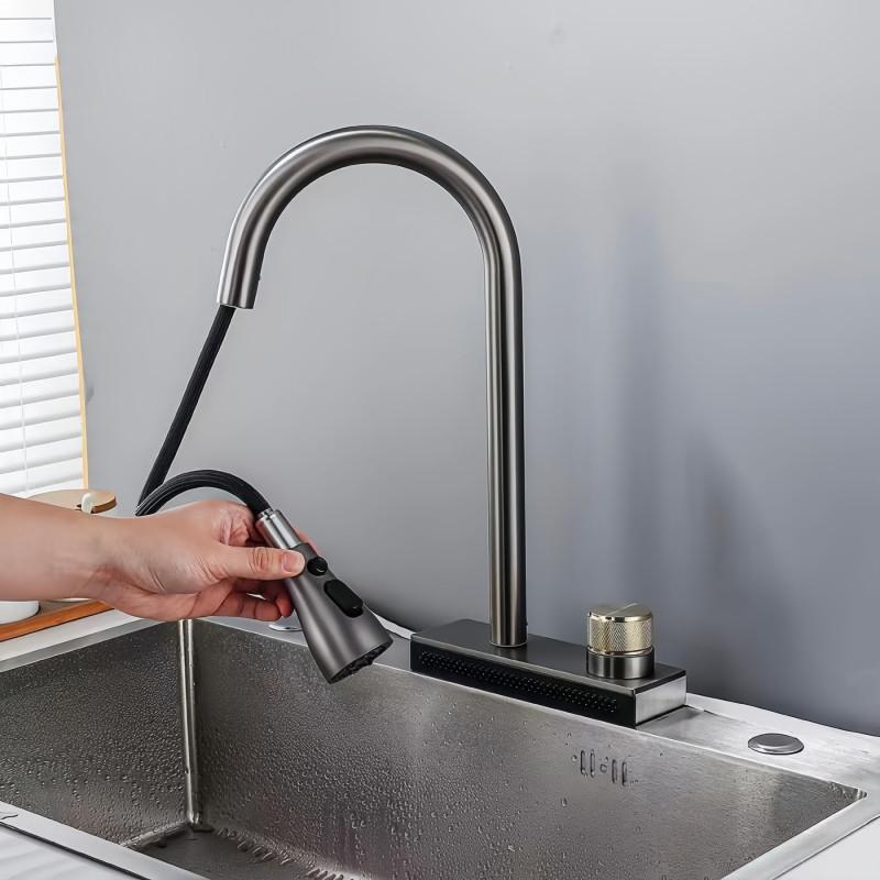 Chrome Plated Gun Gray Hot And Cold Water Tap Kitchen Sink Faucet Household Pull-out 304 Stainless Steel Faucet
