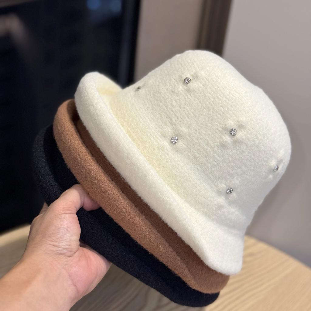 Winter New Style Curled Handmade Rhinestone Decorated Woolen Hat Japanese Style Warm Fisherman Hat Ladies Elegant Basin Hat Trend