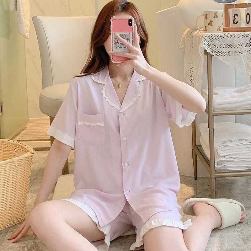 Summer cotton silk pajamas women's thin short-sleeved cardigan cute bow can be worn outside artificial cotton loungewear set