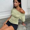 T-shirt Casual da Donna Sexy Aderente con Ruches a Spalla Unica Manica Corta