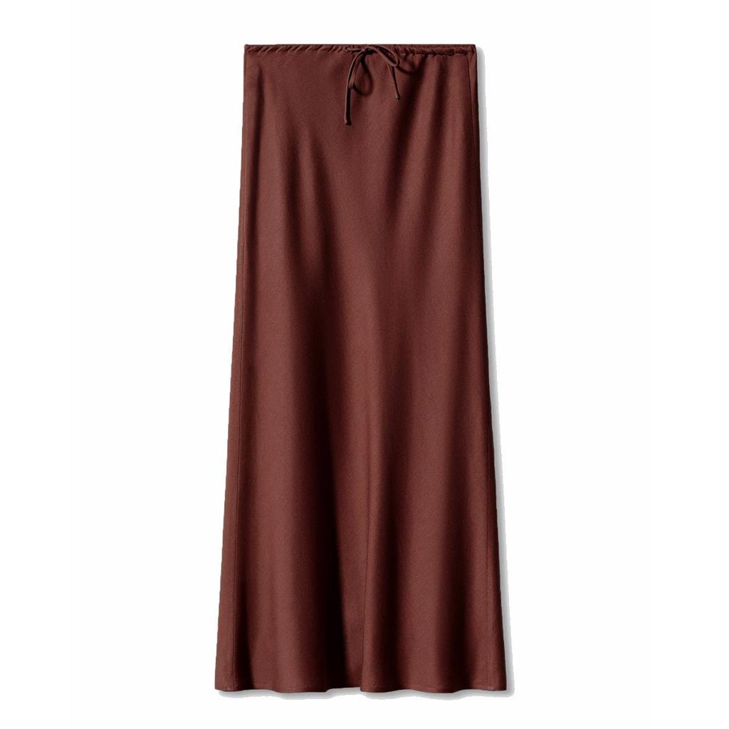 A Line Long Satin Skirts for Women Black Elegant High Waist Maxi Beige Skirts Silk Lace Up Long Skirt Women