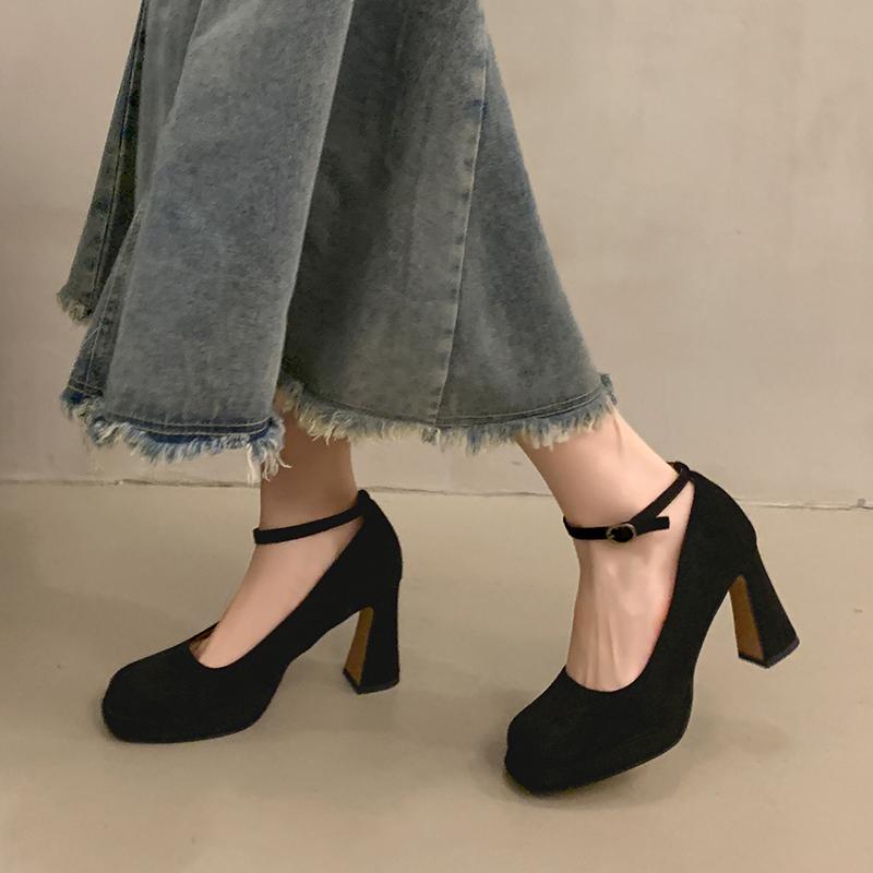 2025 New Sexy Ankle Strap Shoes Women High Heels Shoes Round Toe Pumps Thick Sole Heeled Dance Party Wedding Shoes Female