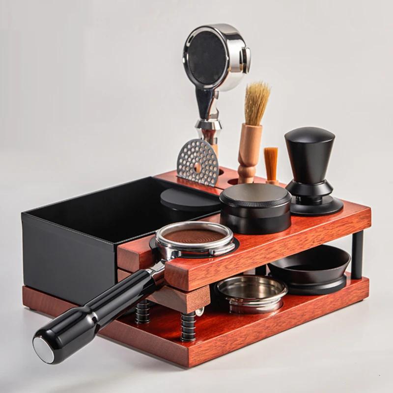 51-58MM Spring Coffee Tamper Station Stand Wooden Coffee Portafilter Holder Distributor Puck Screen Organizer Coffee Knock Box