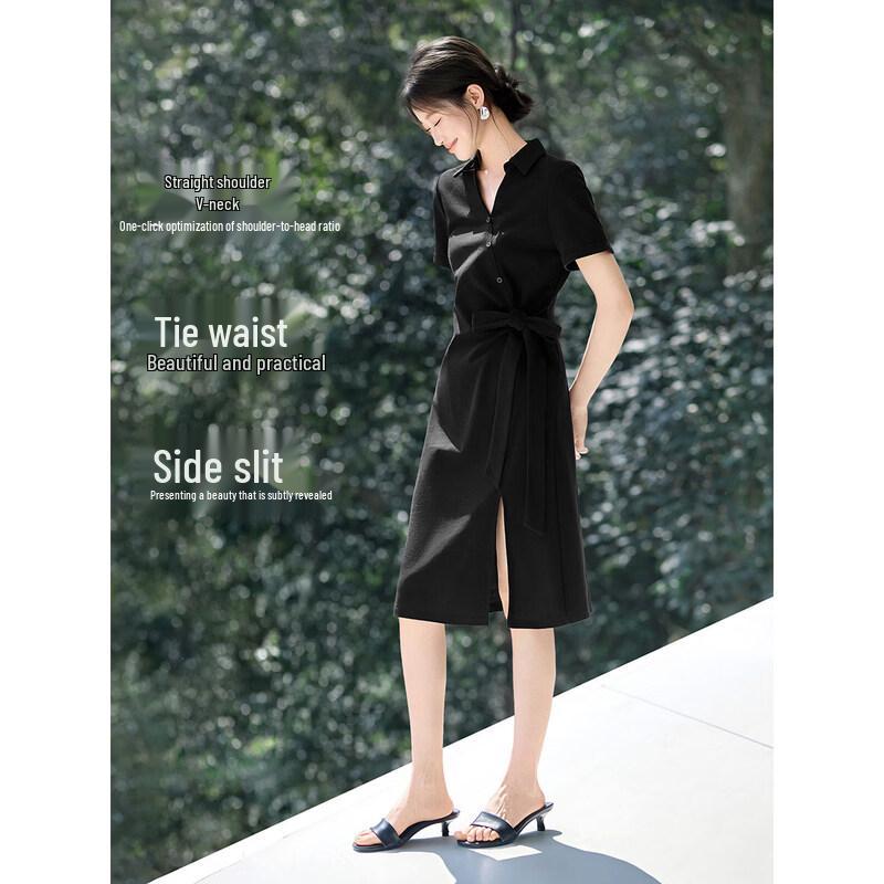 Women's Casual V-Neck Button-Up Belted Midi Dress