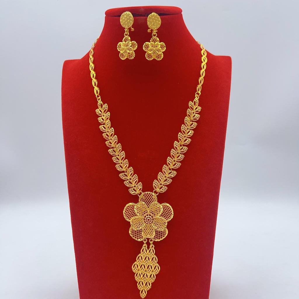 Gold-Plated Brass Flower Necklace & Earrings Set for Women's Wedding Jewelry