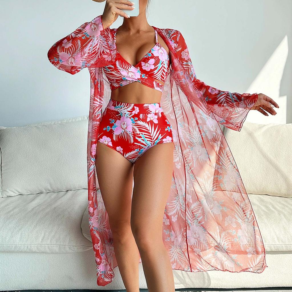 Damen-Badeanzug-Set mit sexy Split-Print und langem Rock (3 Sätze)