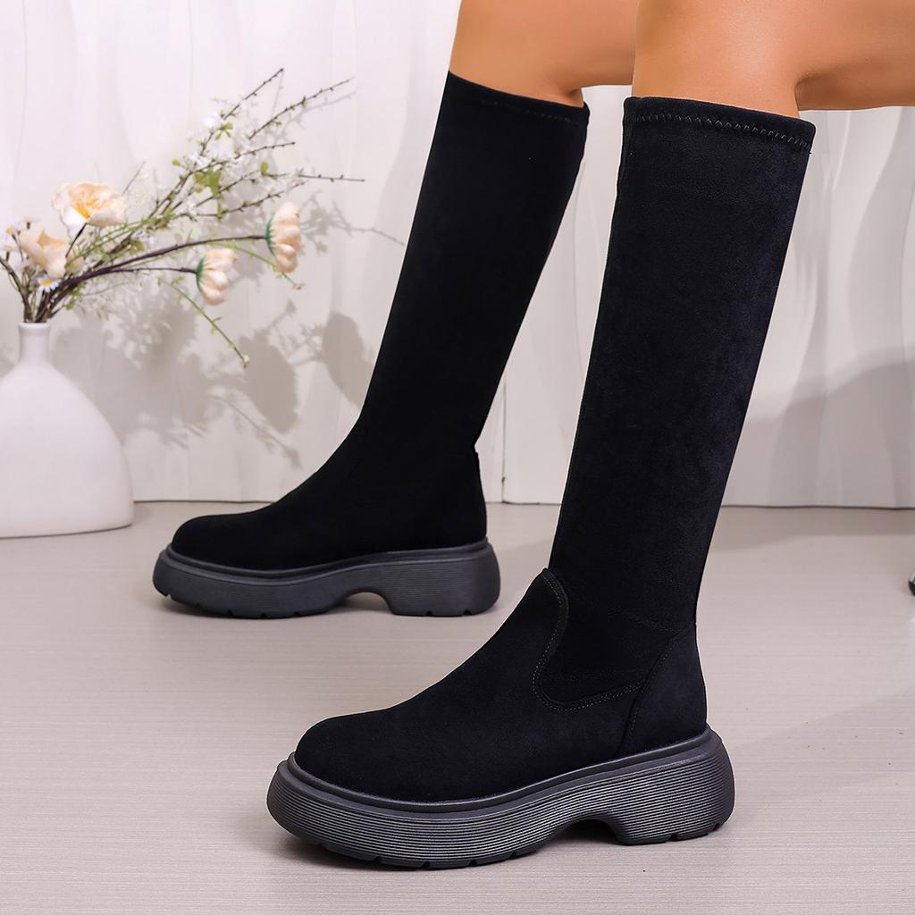 Woman Ankle Boots Platform Punk Style Knee High Boots Woman Concise Slip on Elastic Slim Shoes Ladies Outdoor Thick Bottom Shoes