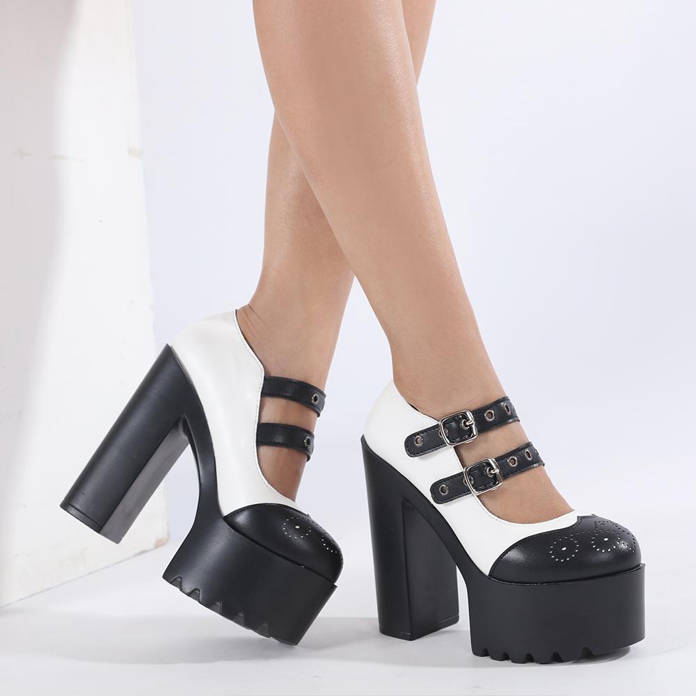 Gdgydh Scarpe con Tacco Alto e Plateau Chunky Donna Primavera Autunno Fibbia alla Caviglia Mary Jane Donna Tacco Grosso Scarpe Lolita Bianche