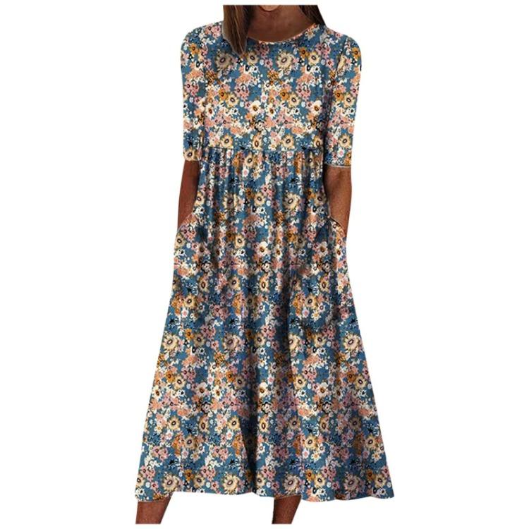 Summer Casual Loose Pocket Dress Women Printed Round Neck Mid Sleeve S