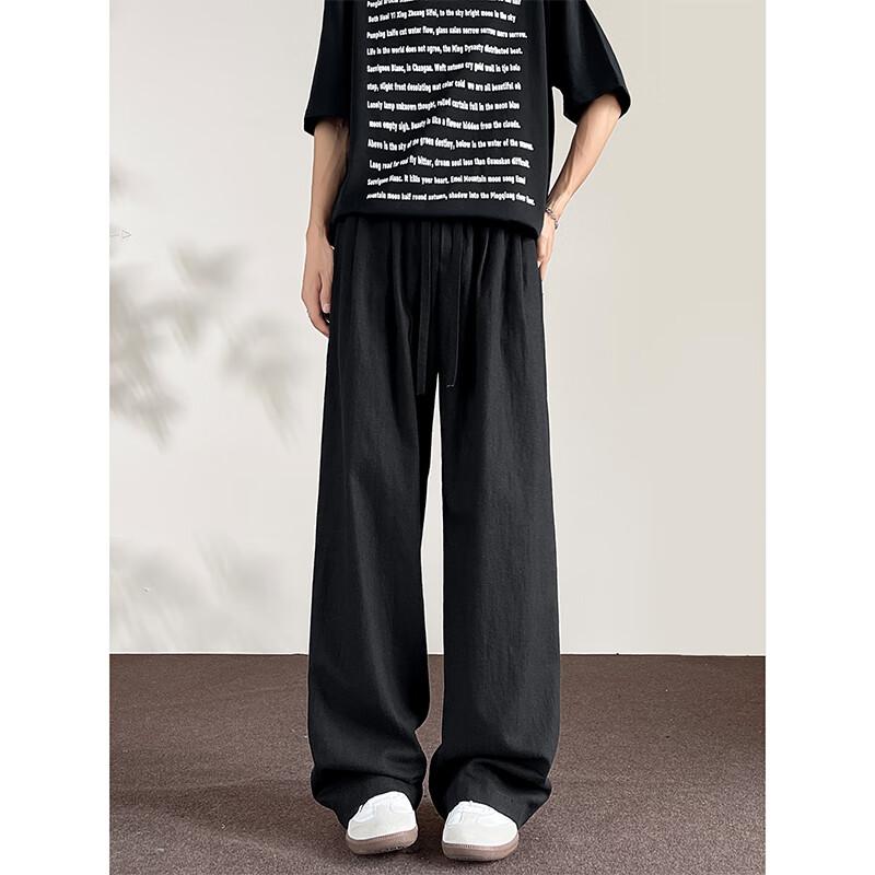 Dingfengbaoluo Men's Linen Pants, Spring Pure Cotton, Draping Loose Straight-Leg Solid Color Casual Pants, DJ83 Black 3XL