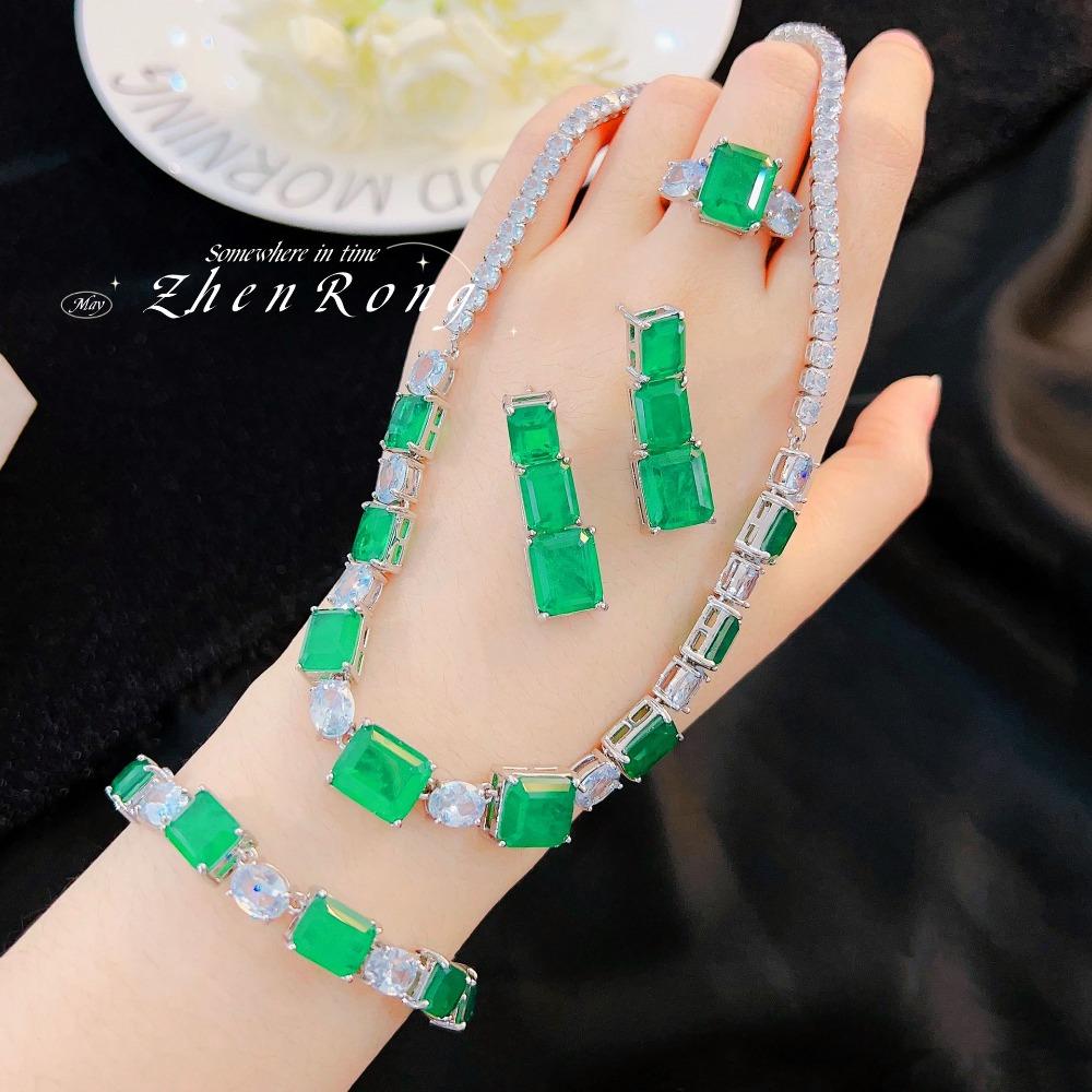 Fashion Jewelry Sets Emerald Necklace Green Diamond Earrings Bracelet Women Elegant Square Cut Gemstone