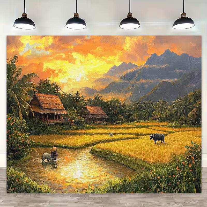 

2D Asian Rice Field Backdrop Sunset Rural Village with Water Buffalo Photography Background 47.2x31.5inch/120*80cm