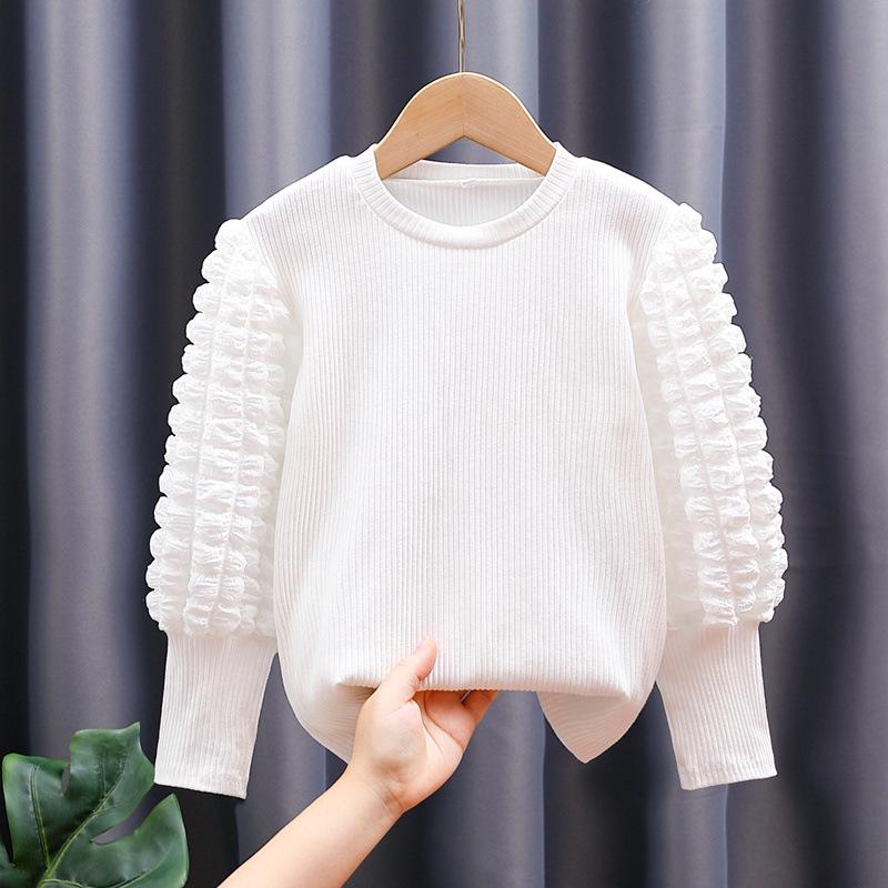 

Girls Long Sleeve Cotton T-Shirt with Lantern Puff Sleeves - White 7 130 cm білий
