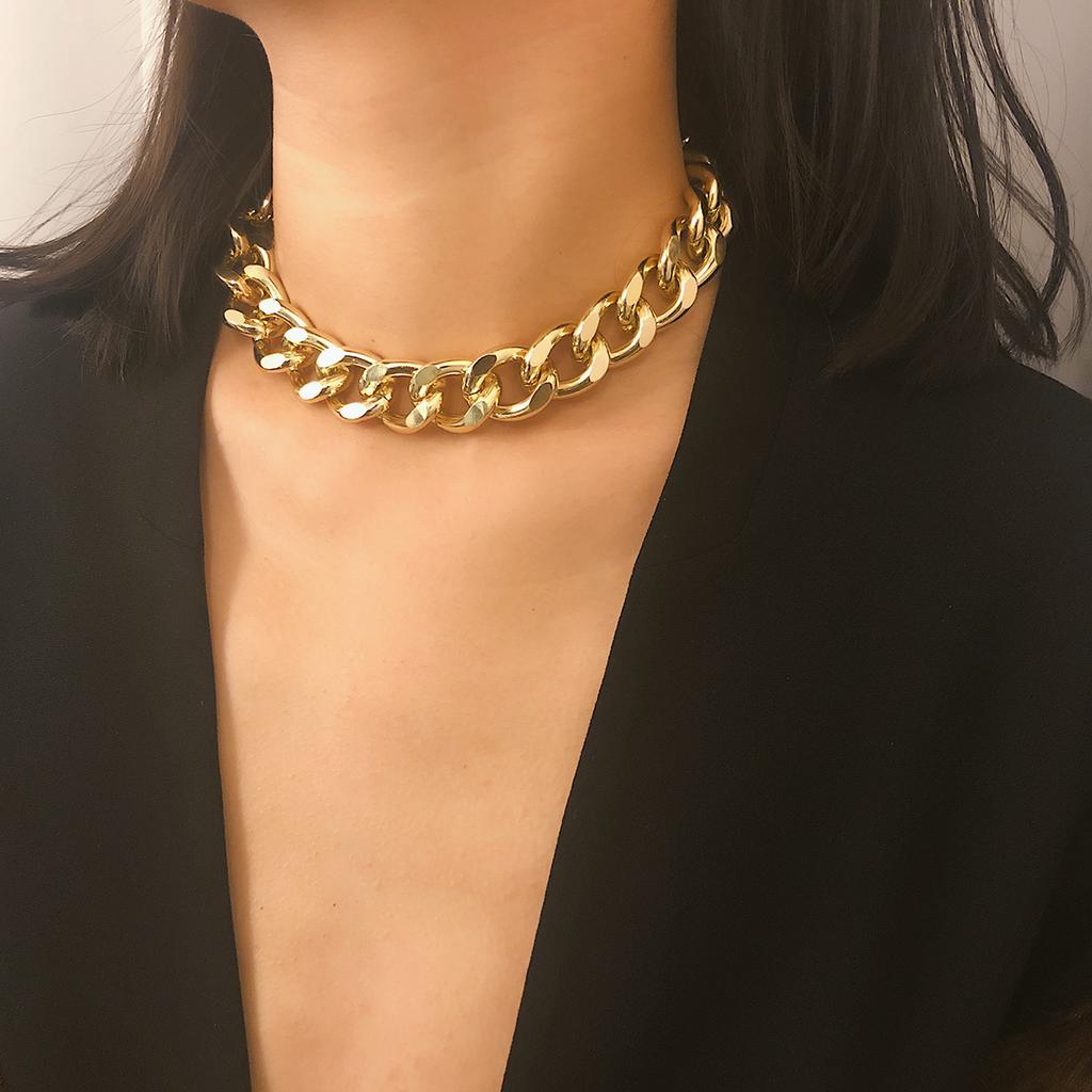 Punk Miami Cuban Choker Necklace Collar Statement Hip Hop Big Chunky Aluminum Gold Color Thick Chain Necklace Women Zircon