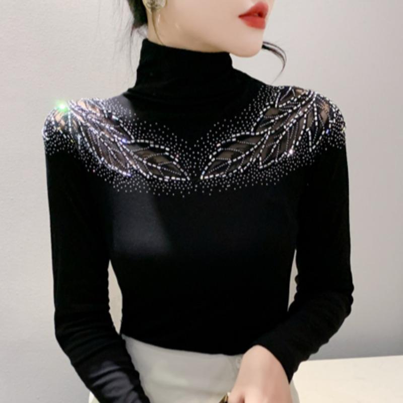 

Черная женская рубашка с высоким воротом и длинными рукавами для мам на зиму, новая тонкая футболка в стиле темперамент 3XL