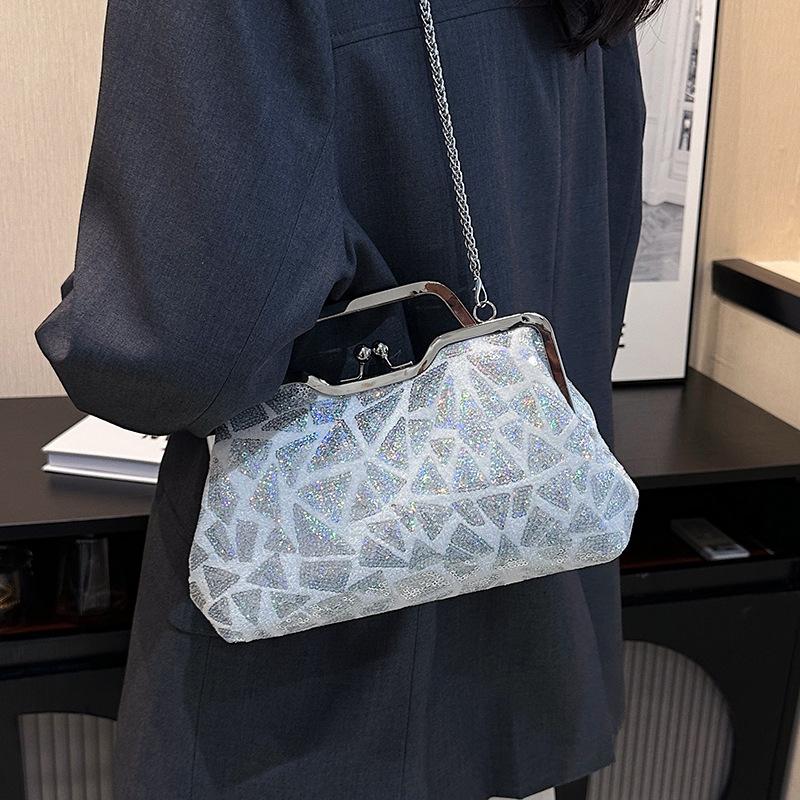 Bag new 2025 European and American fashion sequins colorful portable dinner bag ins women's retro clip shell bag