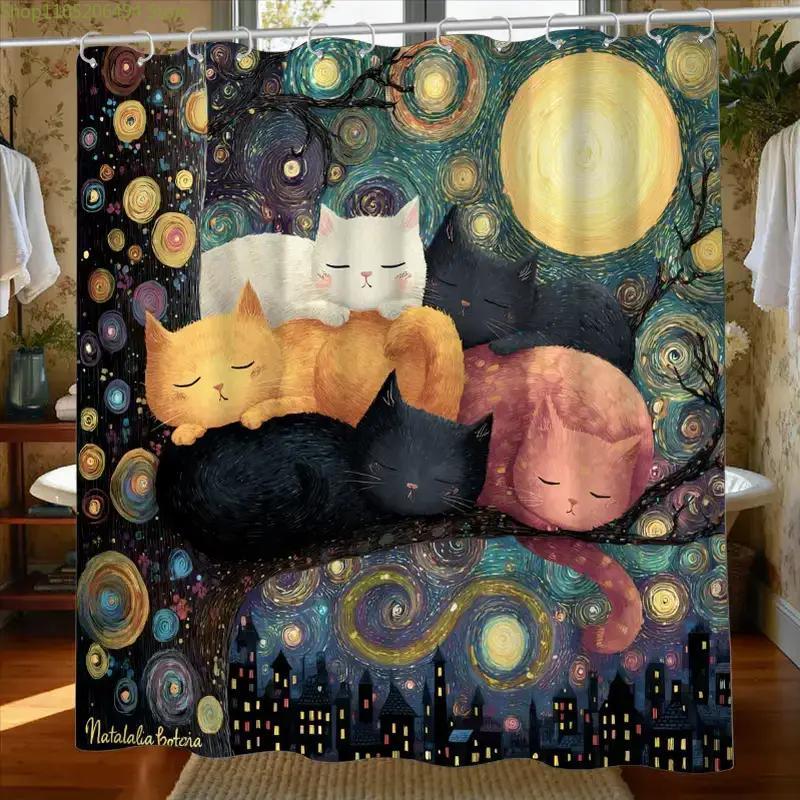1pc Bathroom Shower Curtain, Goodnight Storytime Reading, DIY Art Exhibition Shower Curtain, Includes 12 Hooks, 180*180cm Bath