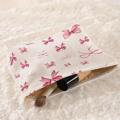 Large Capacity Corduroy Cosmetic Bag Women Toiletries Organizer Bow Printed Zipper Makeup Bag Clutch Travel Cosmetic Storage