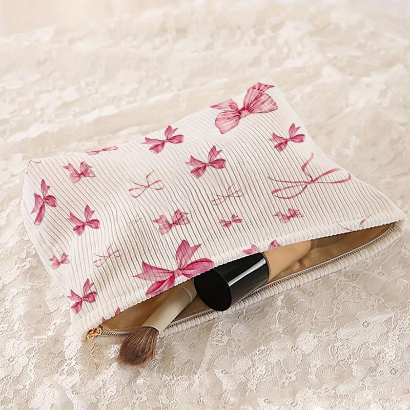 1pc Large Capacity Corduroy Cosmetic Bag Women Toiletries Organizer Bow Printed Zipper Makeup Bag Clutch Travel Cosmetic Storage