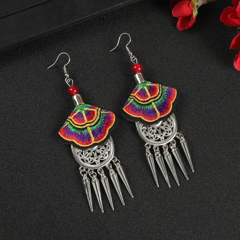 Yunnan embroidered fabric earrings long fringed personalized earrings Chinese retro Miao silver earrings women