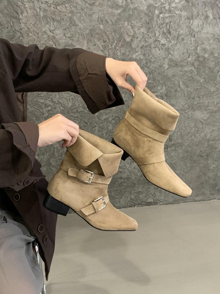 French Niche Design Medium Boots Retro Western Boots Thick Sole Thick Heel Short Boots Foldable Knight Boots
