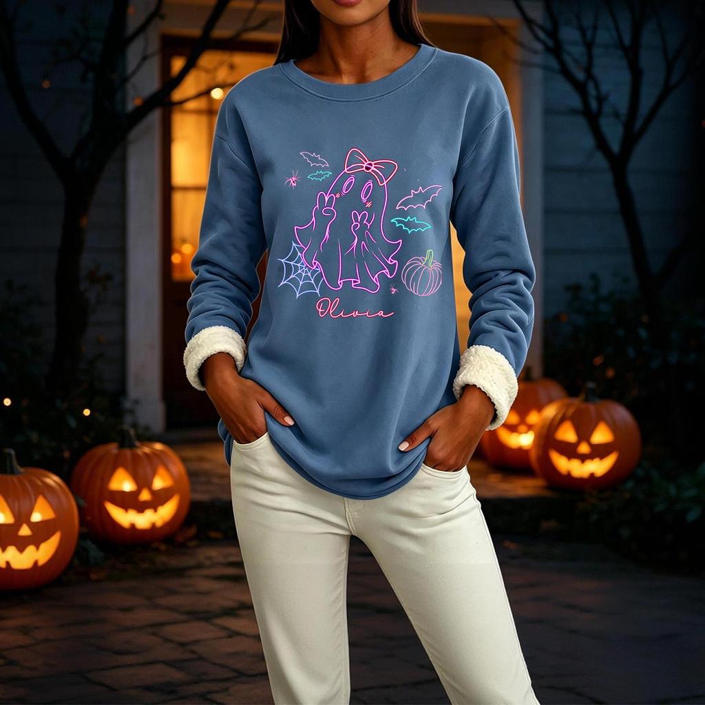 Women's Long Sleeve Pullover Round Neck Halloween Print Winter Casual Top