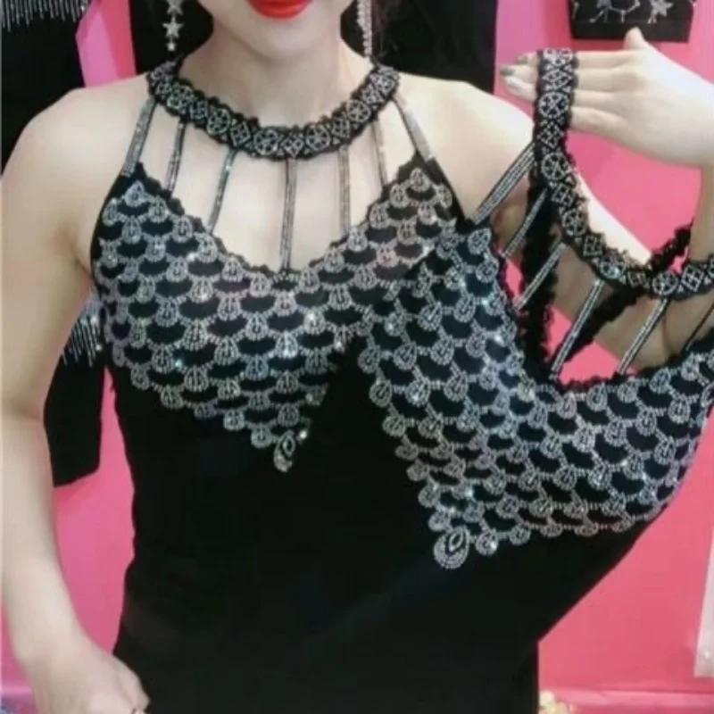 Rhinestones Inlaid Camisole Women Sexy Elastic Fashion Colorful Pattern Autumn Winter Warm High Quality All-Match Vest New