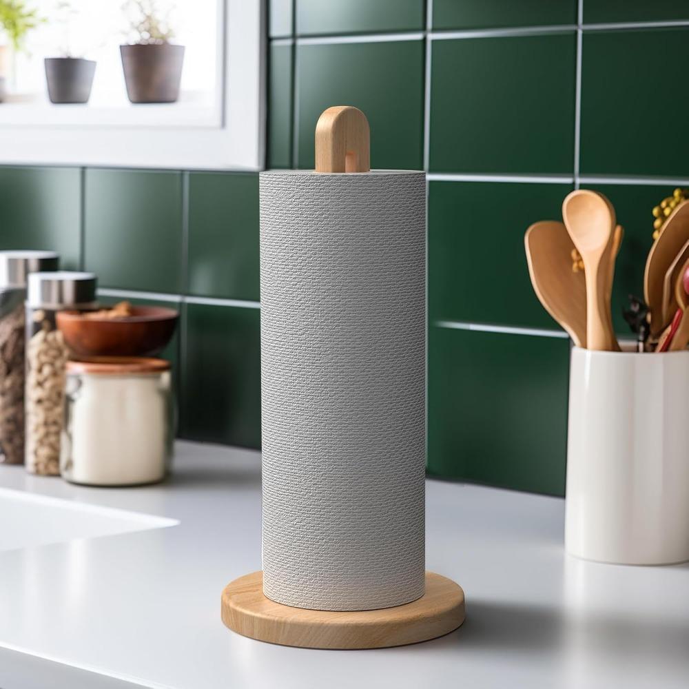 Wooden Standing Paper Towel Holder with Non Slip Pad Design Kitchen Bathroom Countertop Roll Storage Rack Bathroom Accessories