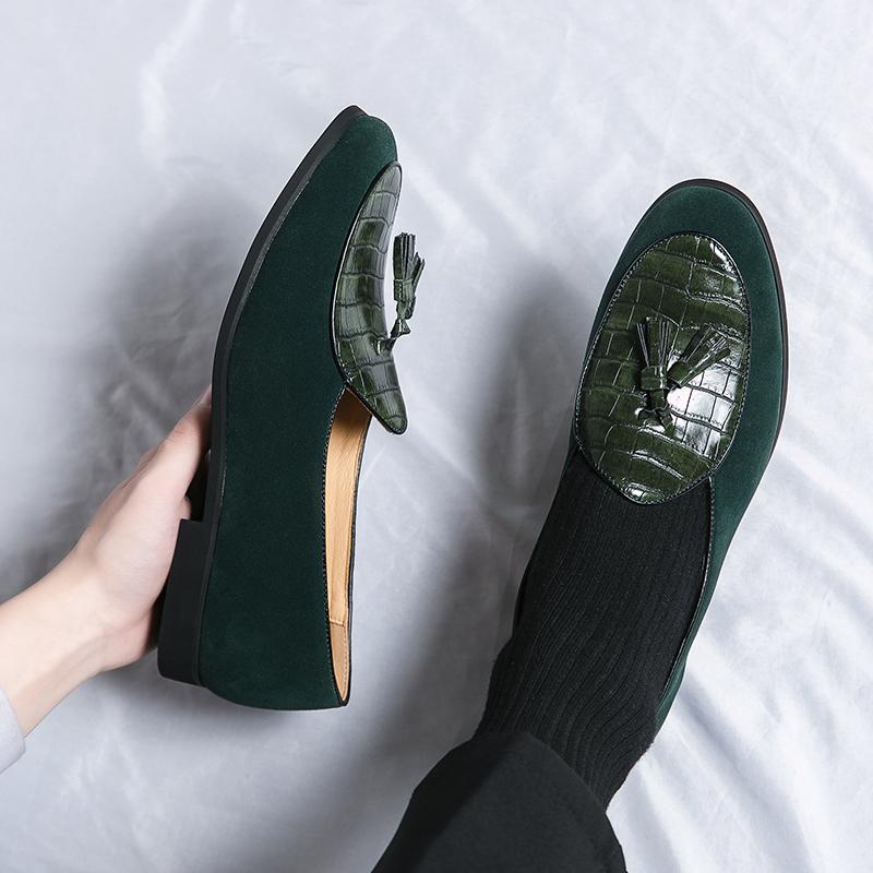 Fashion Hot Selling Plus Size 38-48 Splicing Suede Tassel Loafers Men's Fashion Slip-on Shoes Ink Green Party Shoes Comfy Business Shoes