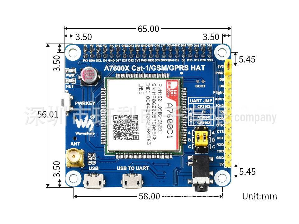 Rozšiřující deska Raspberry Pi A7600C1 Cat-1 GSM/GPRS s polohováním LBS