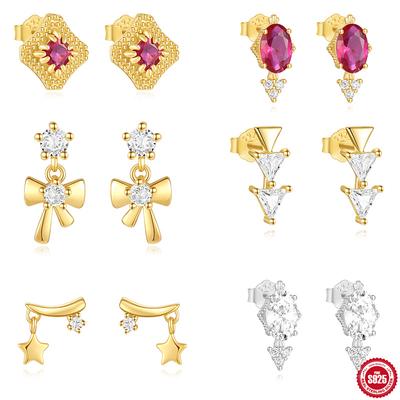 S925 Sterlingsilber Vergoldet Rosaroter Zirkon Schleife Ohrstecker, Premium Leichte Luxustextur Vielseitig Exquisit Retro Ohrringe