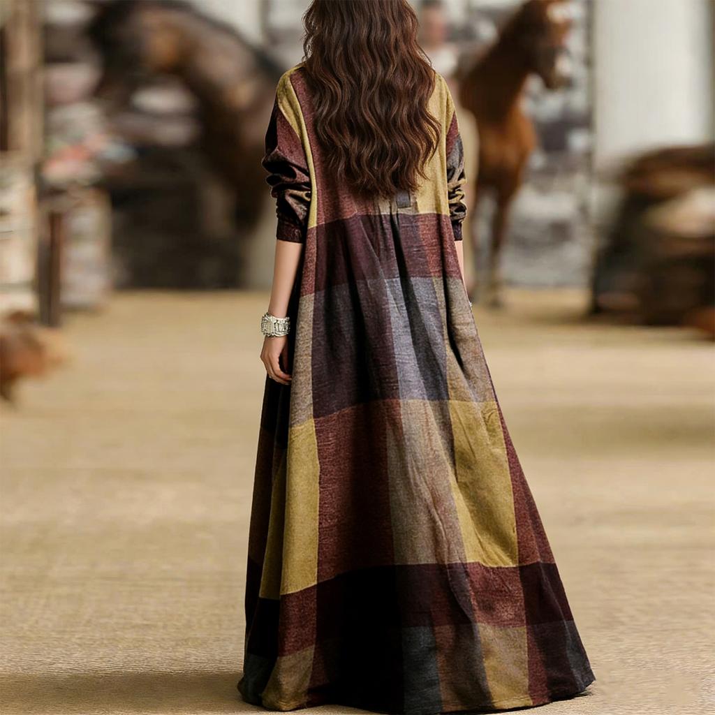 Ladies' Elegant Long Sleeved Plaid Shirt Dress Fashionable Plaid Shirt Collar Dress