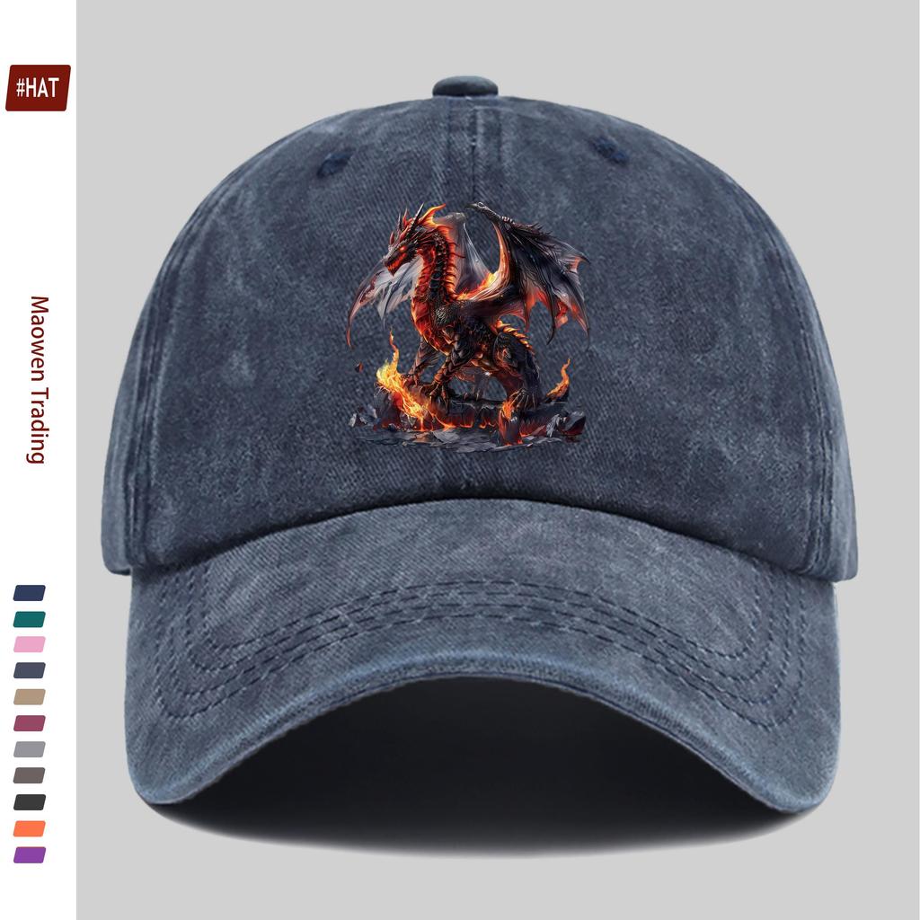 Pc Baseball Cap with Red Dragon Standing On Flaming Rock Pattern Print Fashionable Casual Fire Dragon Print Design Golf Cap H