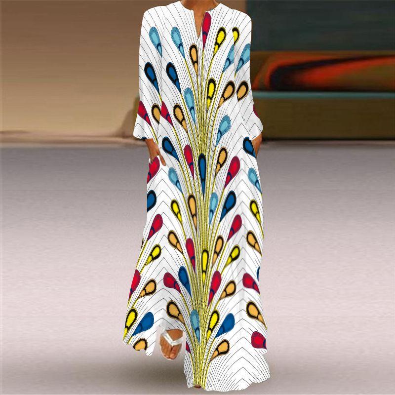 Fashion Style Spring and Summer Fashion New Women's Retro Butterfly Print Long Dress Export V Neck Long Sleeves Pocket Dress