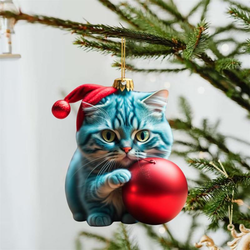3D Acrylic Cartoon Cat Pendant Holiday Christmas Tree Ornaments 1pcs Xmas Gift Box Car Swinging Pendant Car Interior Decoration
