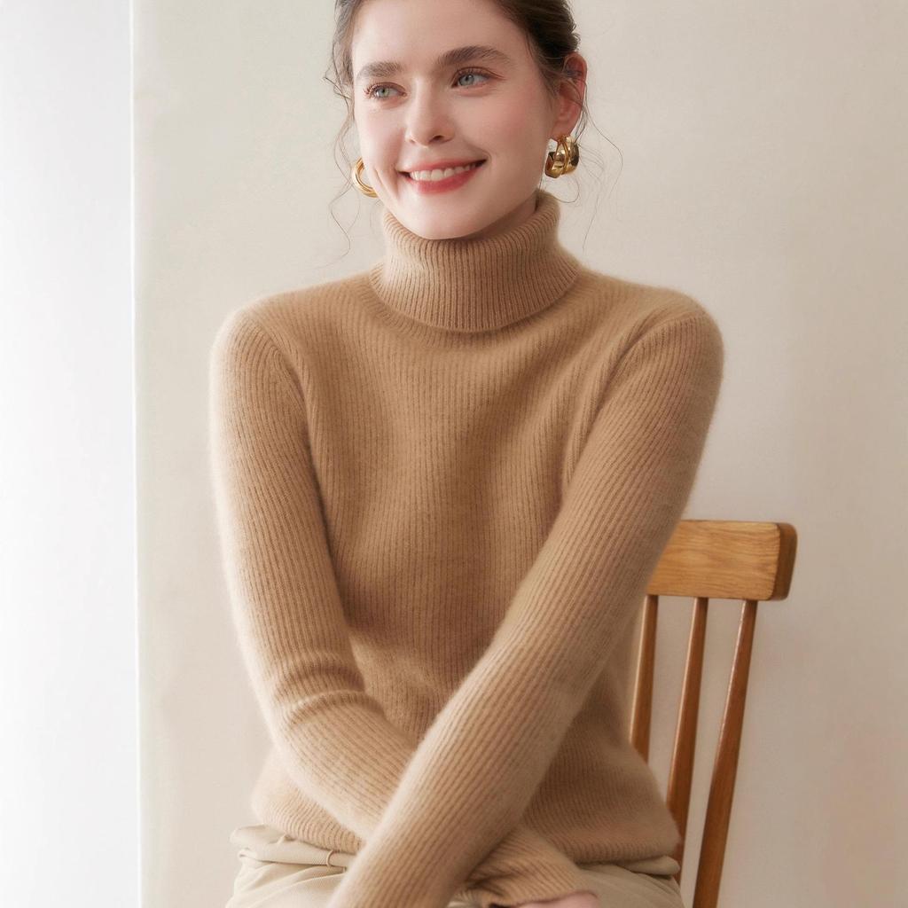 Women's High Neck Cashmere Knit Top - Long Sleeve, Soft, Slimming, Solid Color, Autumn/Winter Style