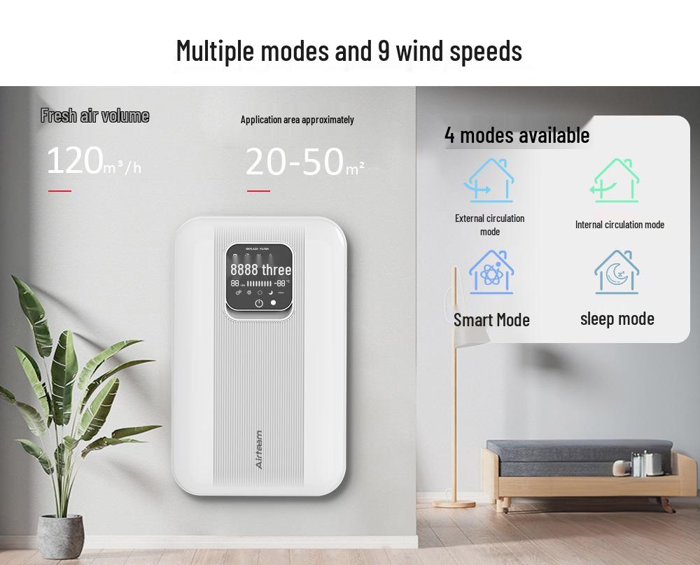 Wall-Mounted Air Purifier with APP Control - Ionizer, Formaldehyde Filter, PM2.5 Ventilation & Exchange System
