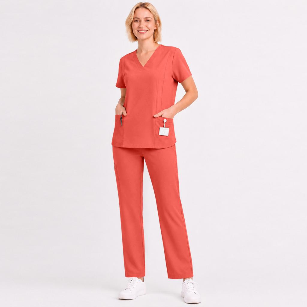 Women's Uniform Scrub Set - V-Neck Short Sleeve Top with Pockets and Drawstring Pants, Quick Dry Color for Healthcare Workers