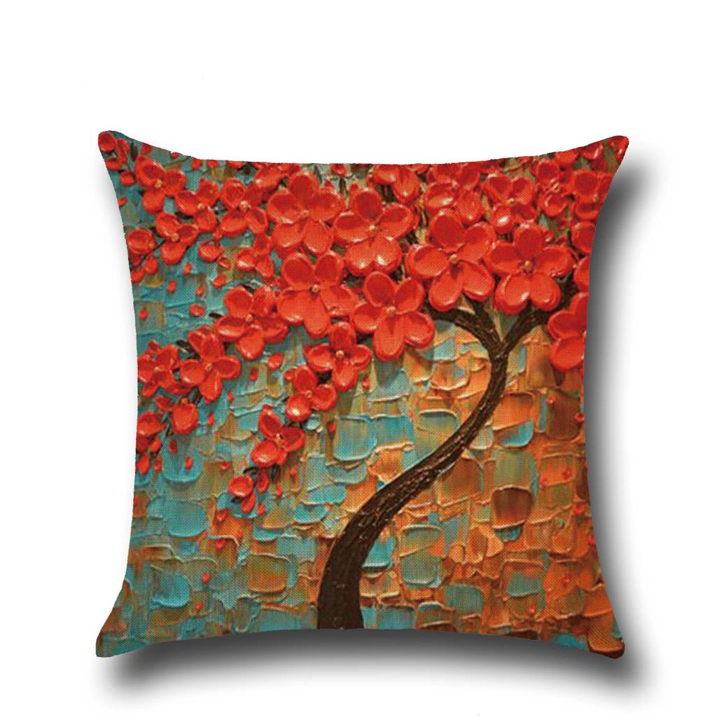 Three-dimensional Oil Painting Trees Flowers Cotton Linen Cushion Pillow Case Car Waist Cushion Cover