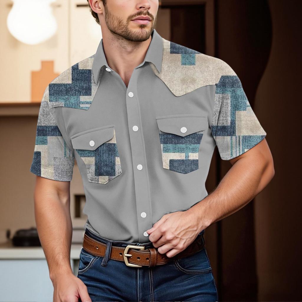 Pánské módní s klopou a krátkým rukávem ležérní top délky po ramena