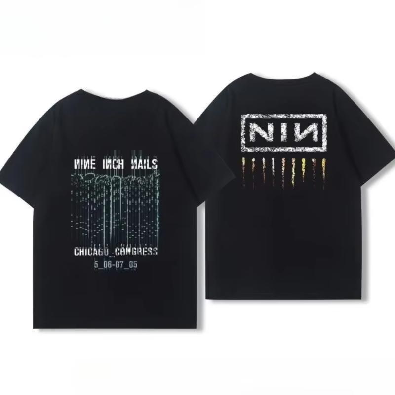 

2025 Men s and Women s Summer Cotton Coat Nine Inch Nails Nine Inch Nails Surrounding Rock Band Printed Short Sleeve T-shirt 4XL