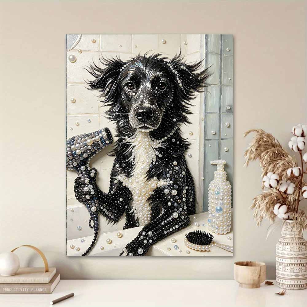 Creative DIY Framed Pearl Art Kit with Cute Dog Bathing Pattern Sparkling Bead Canvas Ready to Display Relaxing Gift for Adults Craft Decor