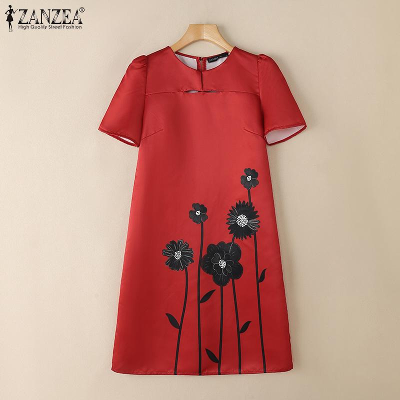 ZANZEA Women Casual Summer Round Neck Short Sleeve Print Dress