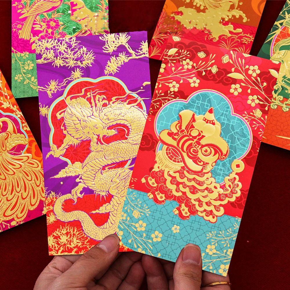 6pcs Wealth Symbol Chinese Style Red Envelope Thickened Blessing Words Hongbao Traditional Money Bag Wedding